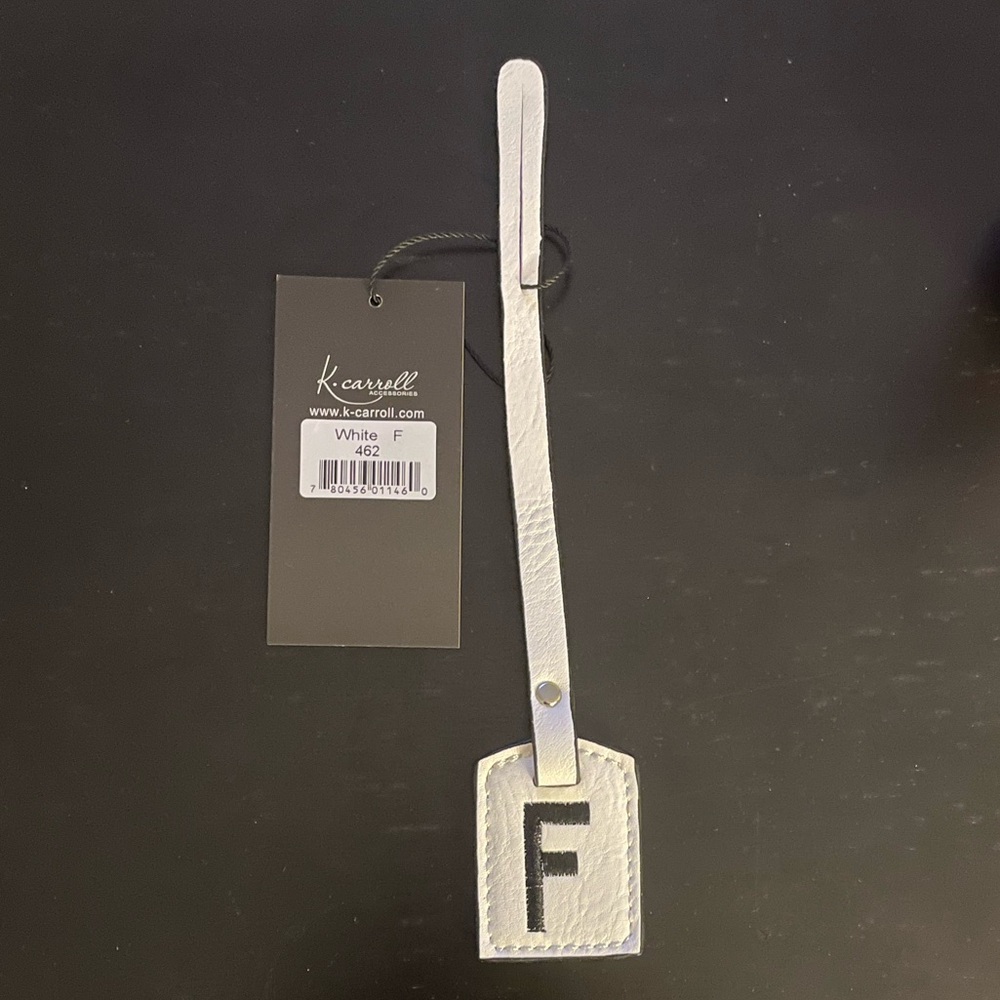 NWT “K•Carroll” Bag Tag  Monogram Letter “F” White Bag Tag with “Black” Letter